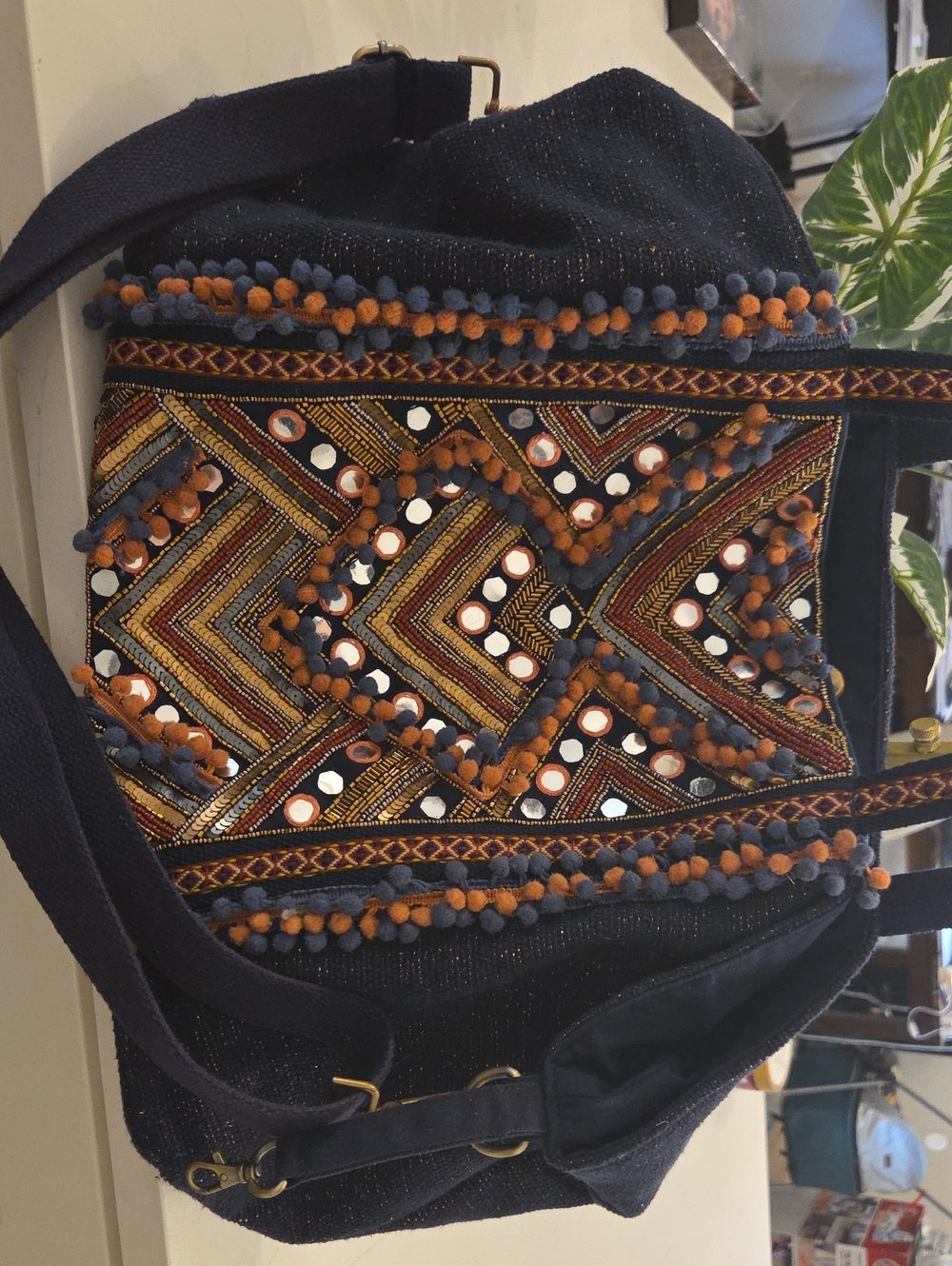 America And Beyond- Boho Embroidered Navy Crossbody Bag with Pom-Pom Trim